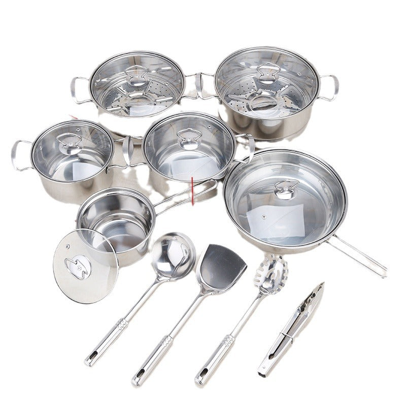 Stainless steel cookware set of 18 pieces household kitchen set soup pot set 16-26cm cutlery set pot set - Korvel