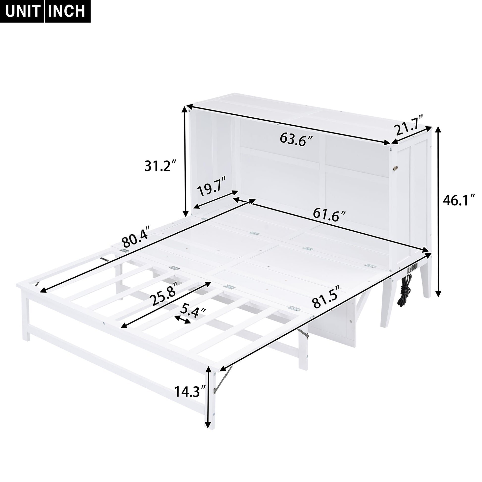 Queen Size Murphy Bed with Built-In Charging Station and a Shelf  White - Korvel