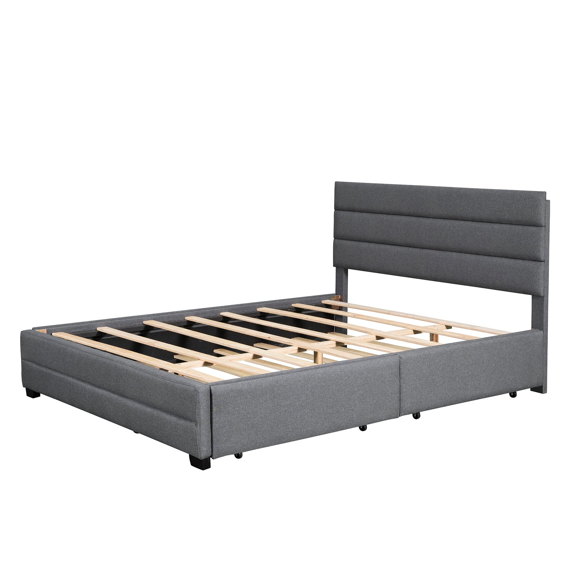 Queen Upholstered Platform Bed with Twin Size Trundle and Two Drawers Grey - Korvel