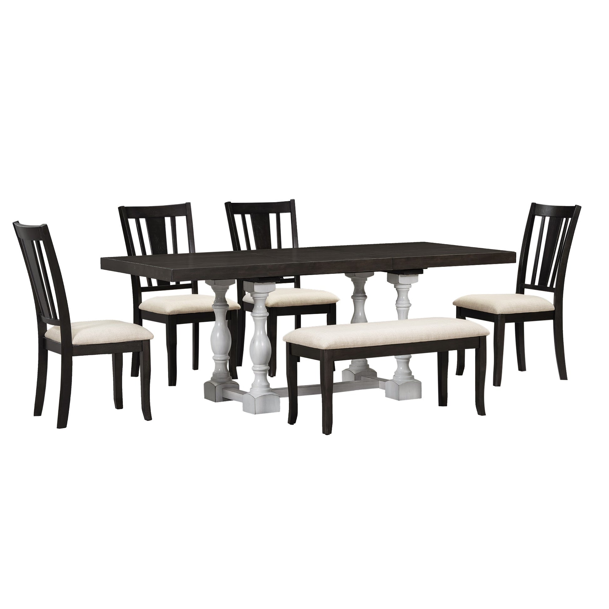 Traditional 6-Piece 78inch Trestle Extendable Dining Table Set with One 18inch Removable Leaf Distressed White - Korvel