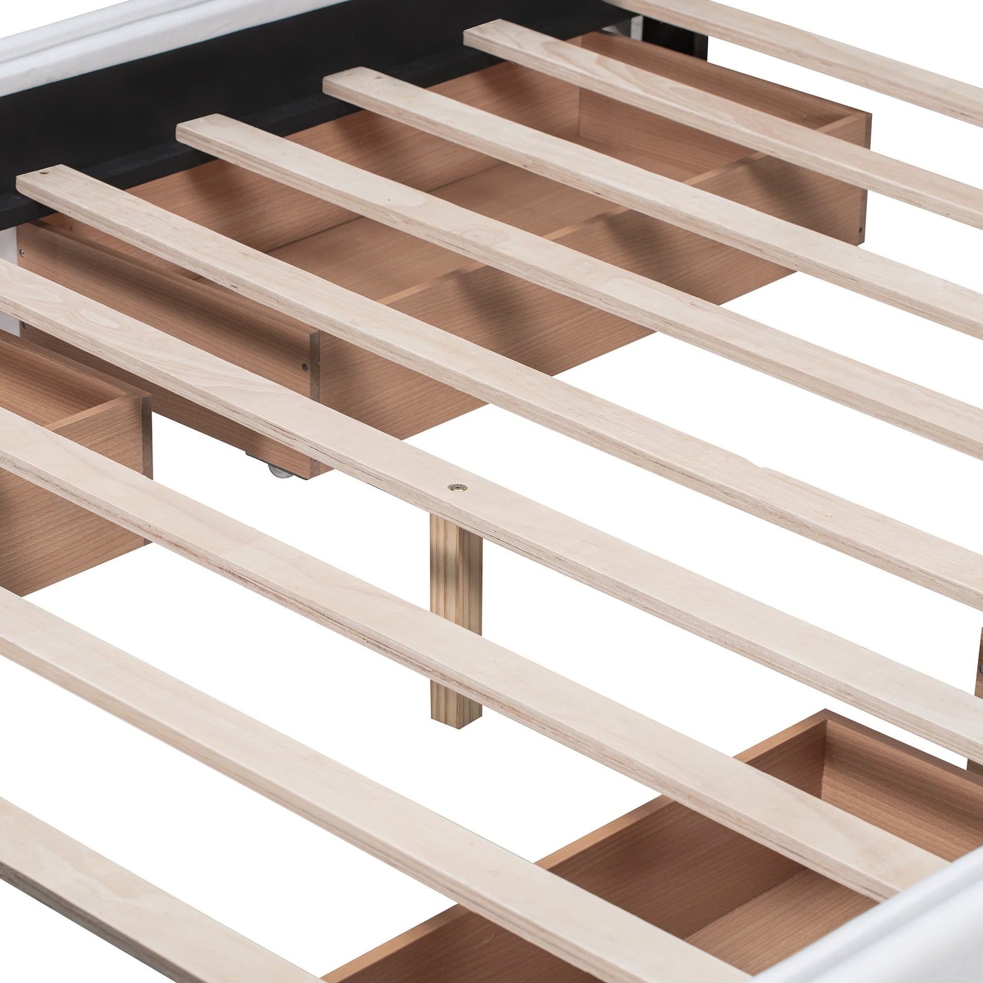 Upholstered Platform Bed with Classic Headboard and 4 Drawers No Box Spring Needed Linen Fabric Queen Size White - Korvel