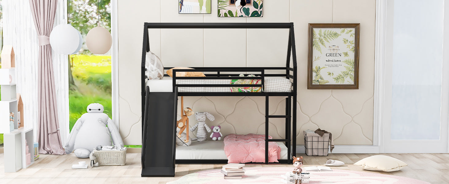 Twin over Twin House Bunk Bed with Ladder and Slide,Black - Korvel