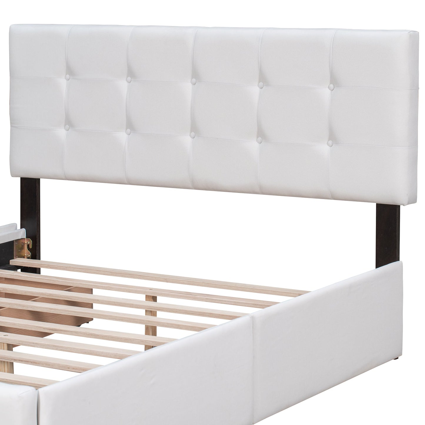 Upholstered Platform Bed with Classic Headboard and 4 Drawers No Box Spring Needed Linen Fabric Queen Size White - Korvel