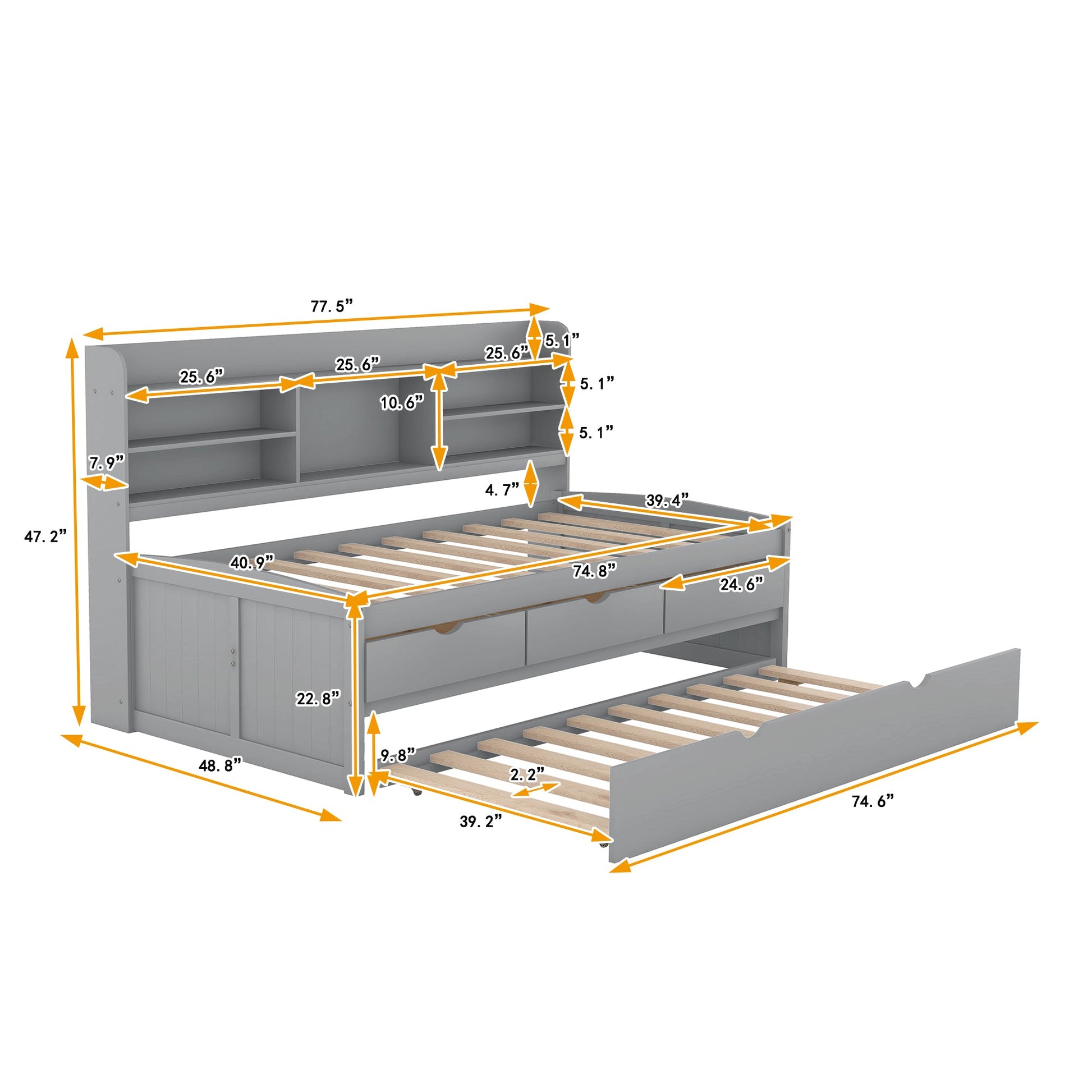 Twin Size Wooden Captain Bed with Built-in Bookshelves,Three Storage Drawers and Trundle Light Grey - Korvel