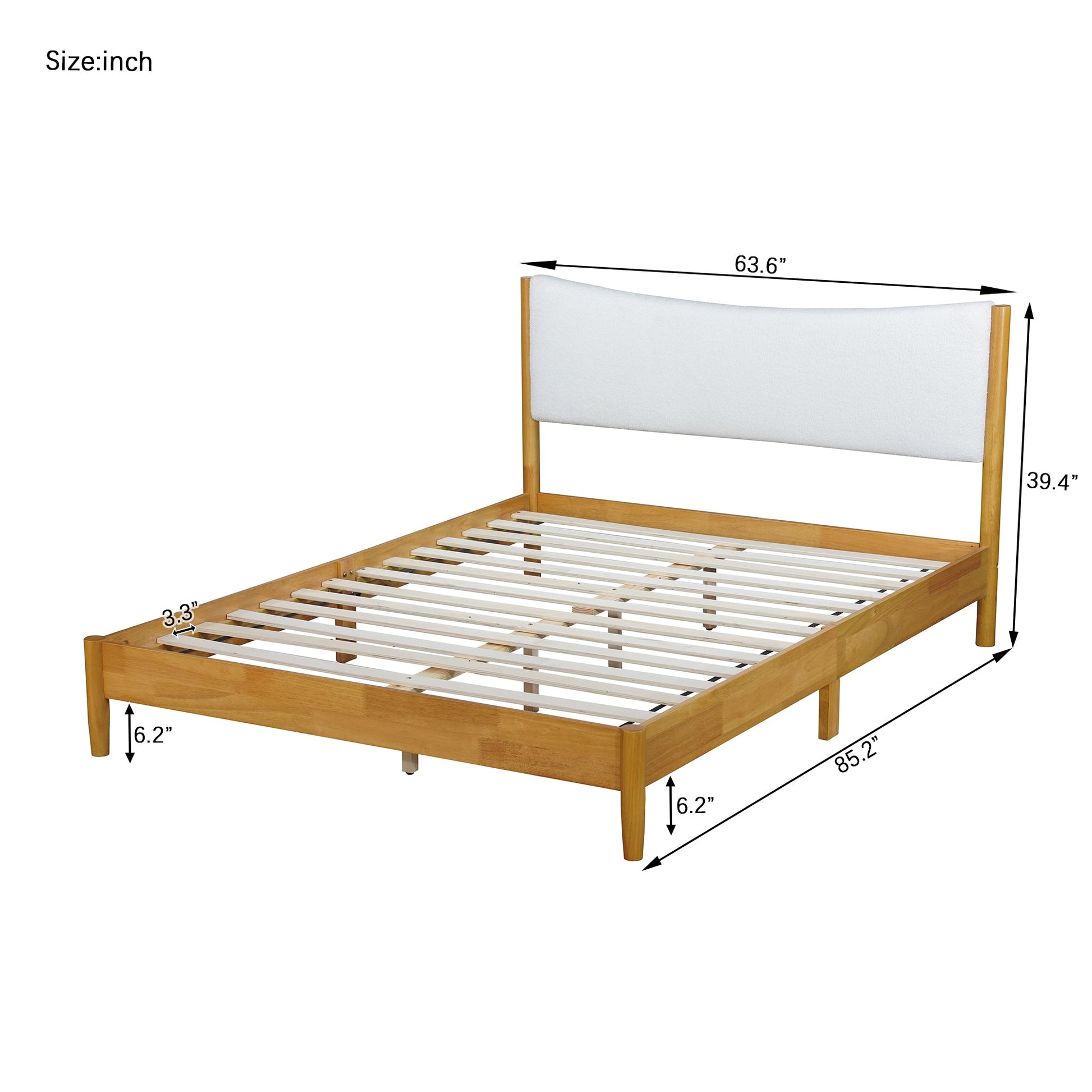 Queen Size Rubber Wooden , Solid Wooden Bed with Teddy Velvet Cushion Upholstered Headboard, Enhanced by Support Feet - Korvel