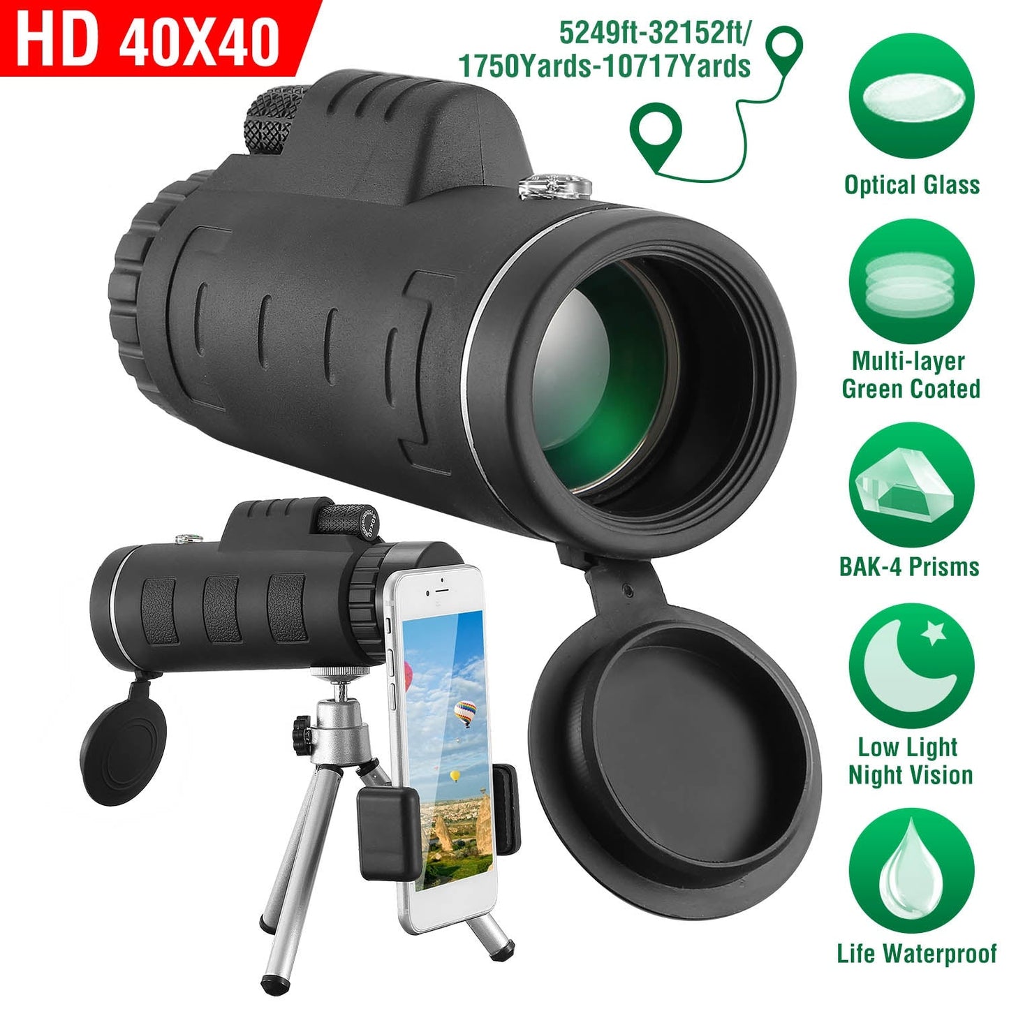 Télescope Monoculaire Optique HD Gbruno 40x40 avec Trépied et Support de Téléphone