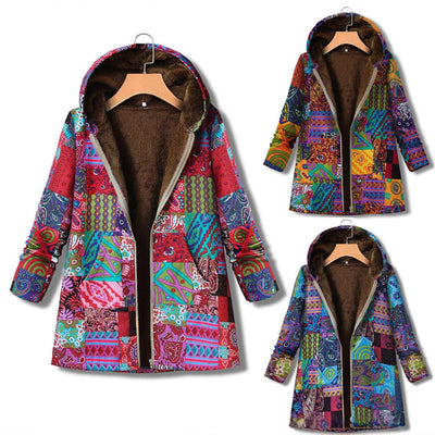 Retro Warm Printed Pocket Thick Zippered Hooded Coat