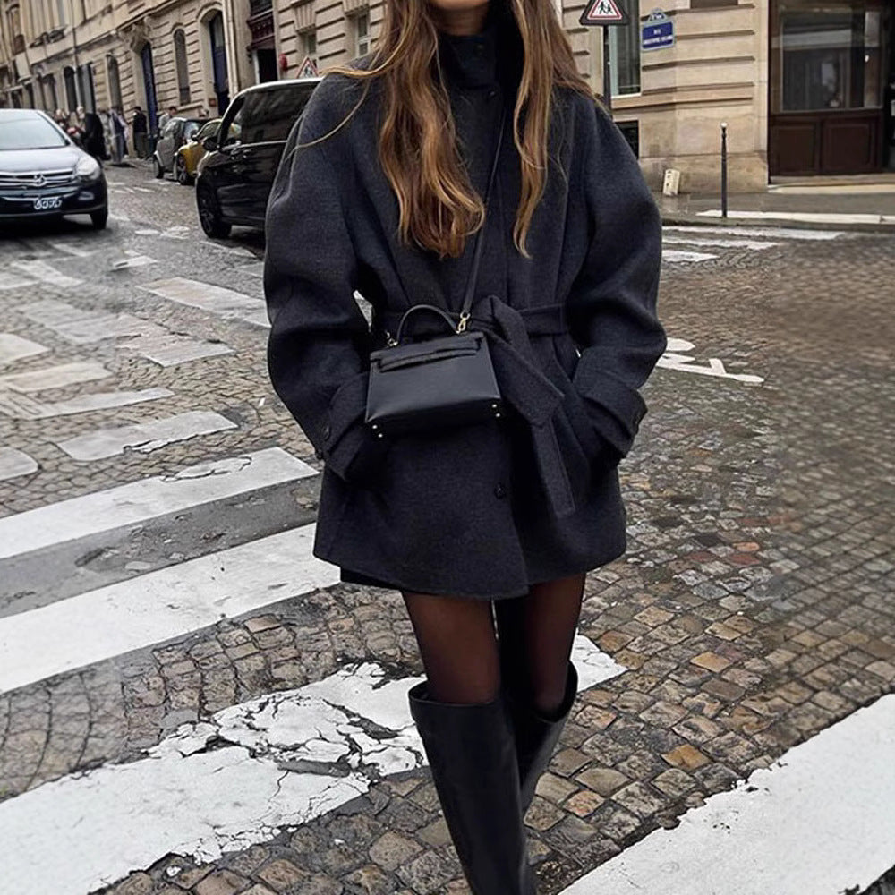 Womens Wool Coat with Belt and Mock Neck