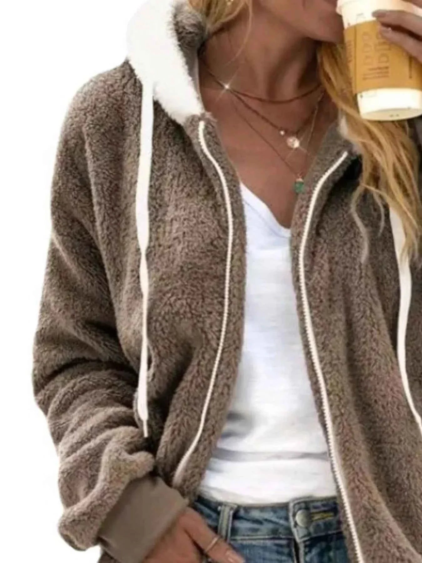 Cozy Fleece Zip-Up Hooded Jacket - Plus Size