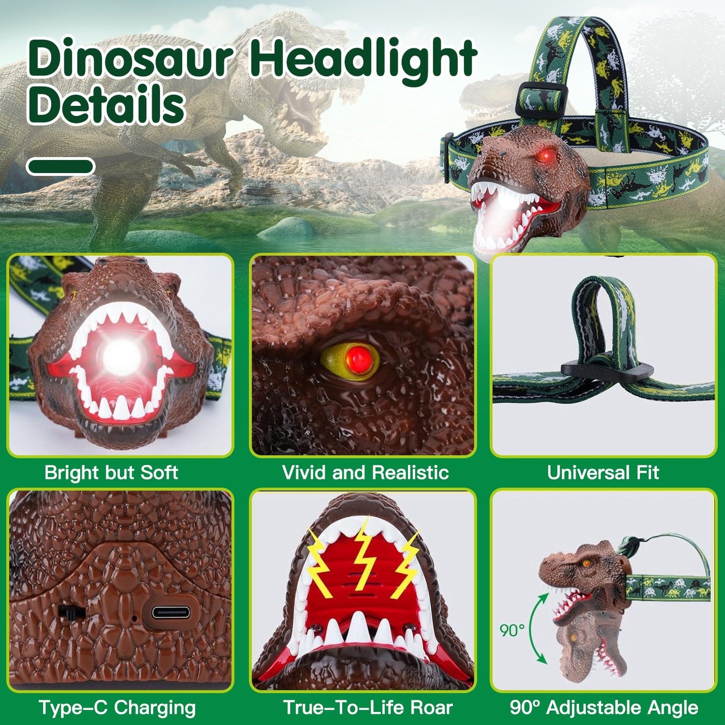Dinosaur Headlamp for Kids - Adjustable Flashlight with Roar Sound