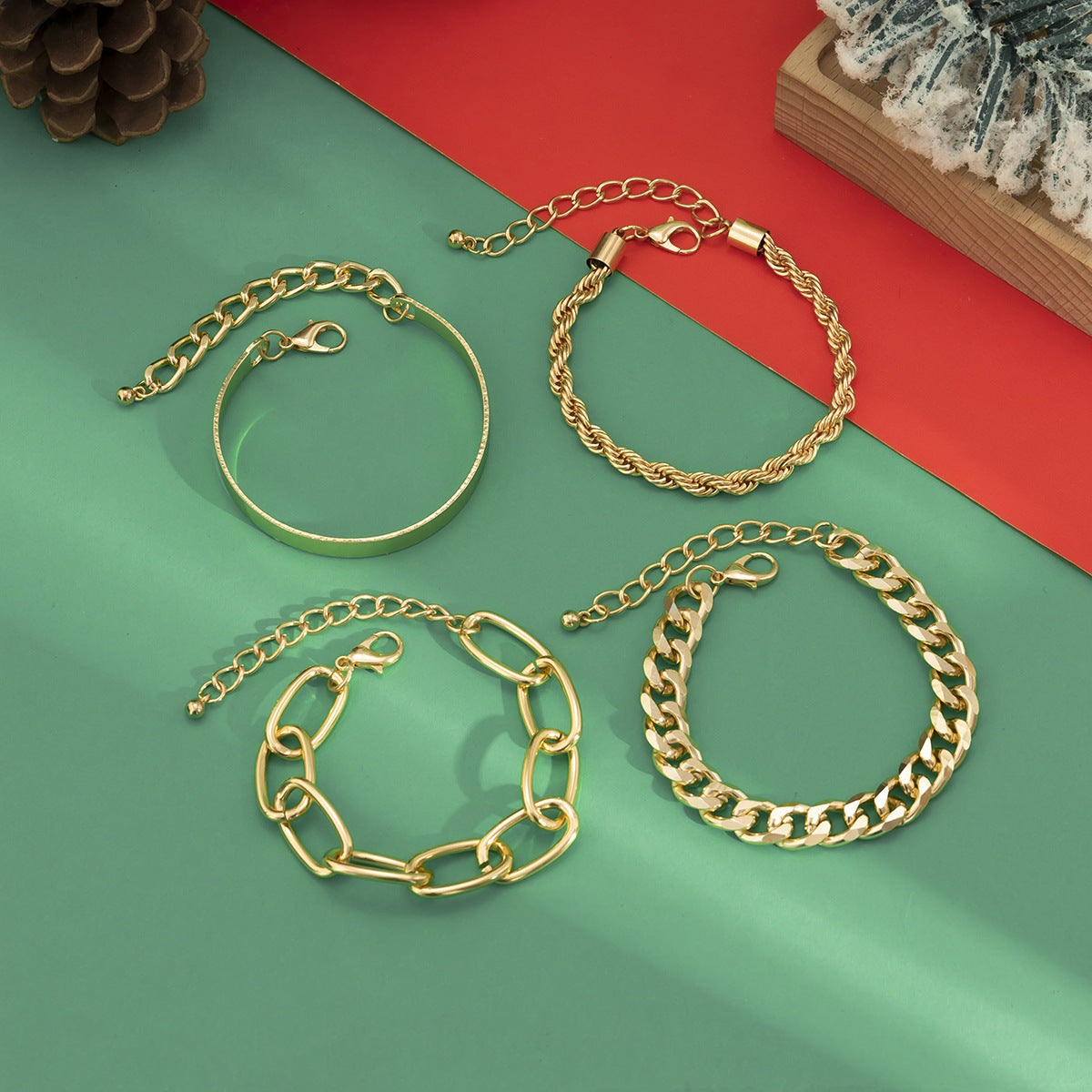 Hip hop Sweet Cool Diamond Set Cuban Buckle Bracelet Christmas Style Stacked Metal Smooth Bracelet for Women - Korvel