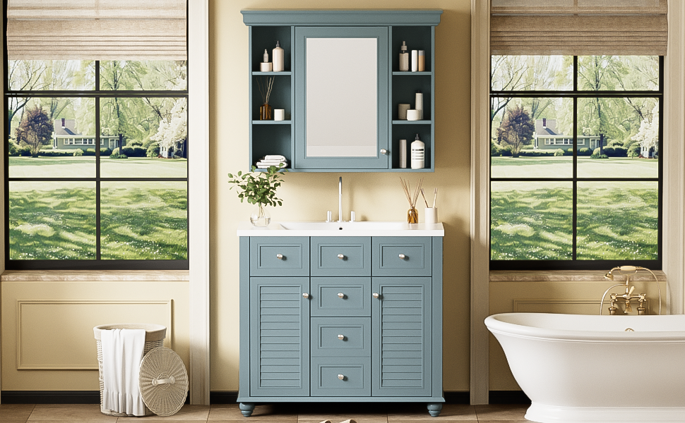 36 inch modern mirror cabinet with adjustable shelves, 2 soft closing doors, and 6 drawer storage cabinet door organizers - Korvel