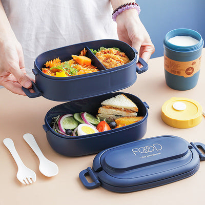 Japanese Portable Double Layer Bento Lunch Box with Cutlery
