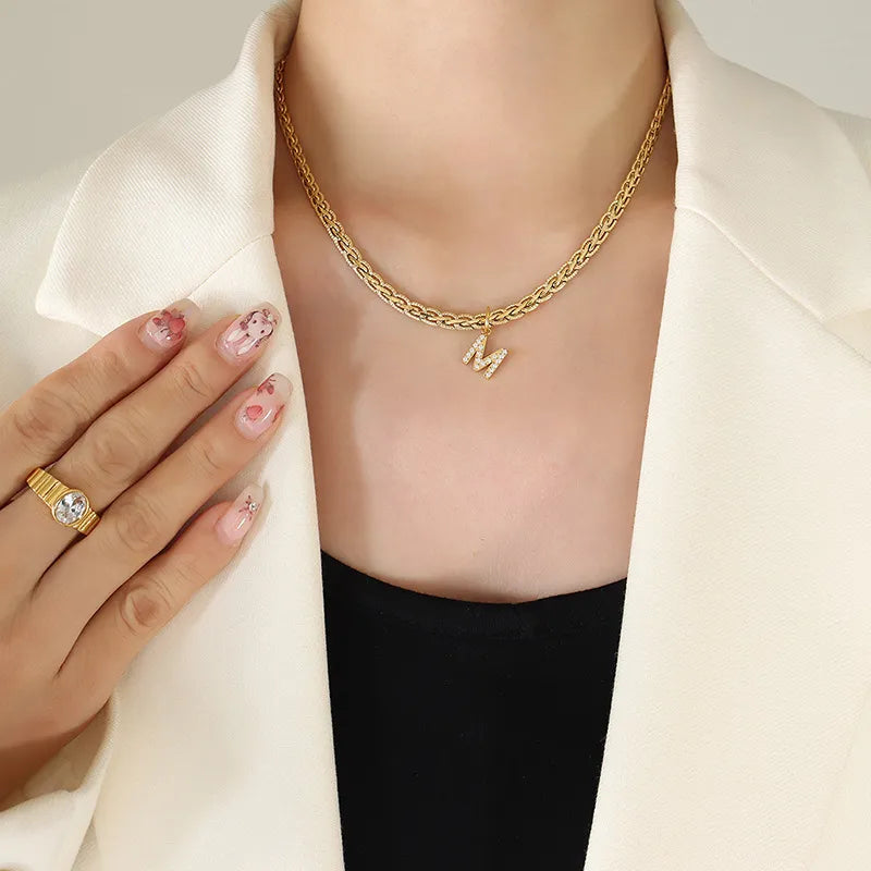Brass Inlaid Zircon Letter Pendant Necklace - Korvel