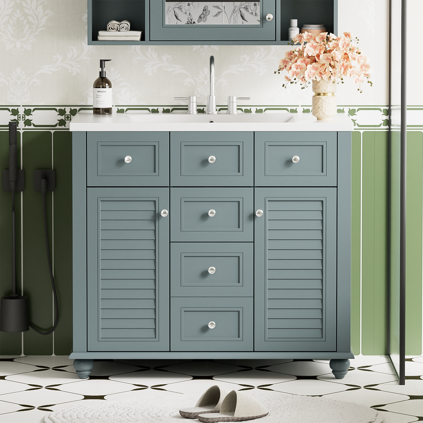 36 "bathroom makeup cabinet with resin sink combination and 2 drawers, with soft closing door, blue color - Korvel