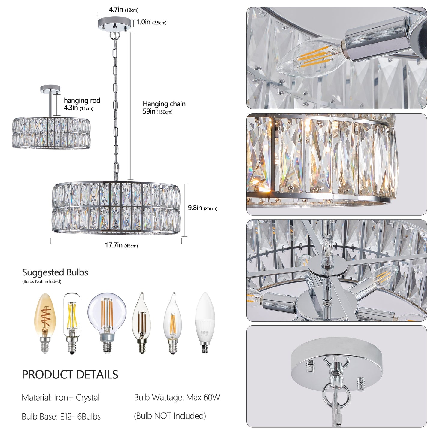 Modern crystal drum pendant light, 6-light pendant light, with silver metal frame (excluding light bulb) - Korvel