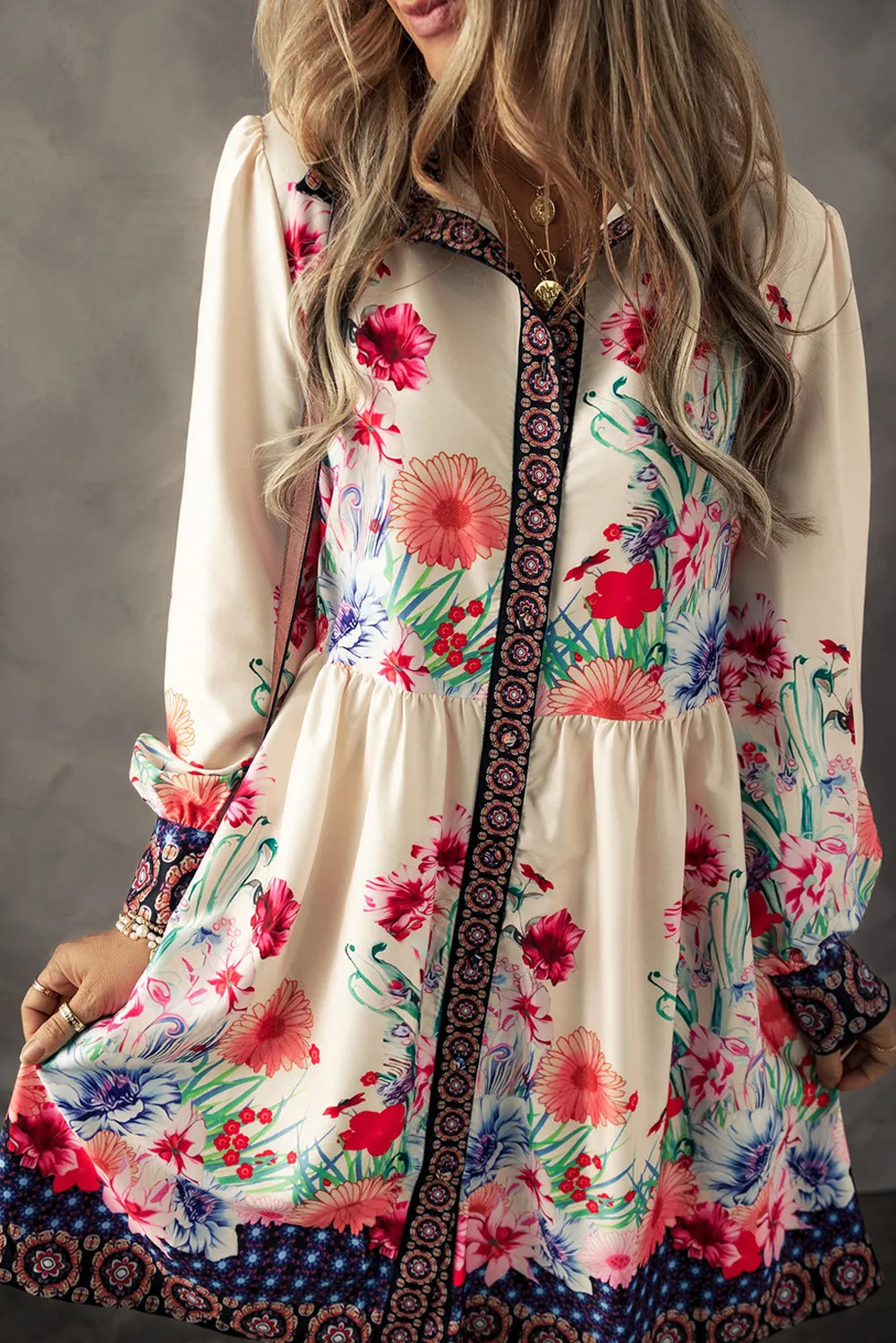 Vintage Floral Button Down Lantern Sleeve Dress