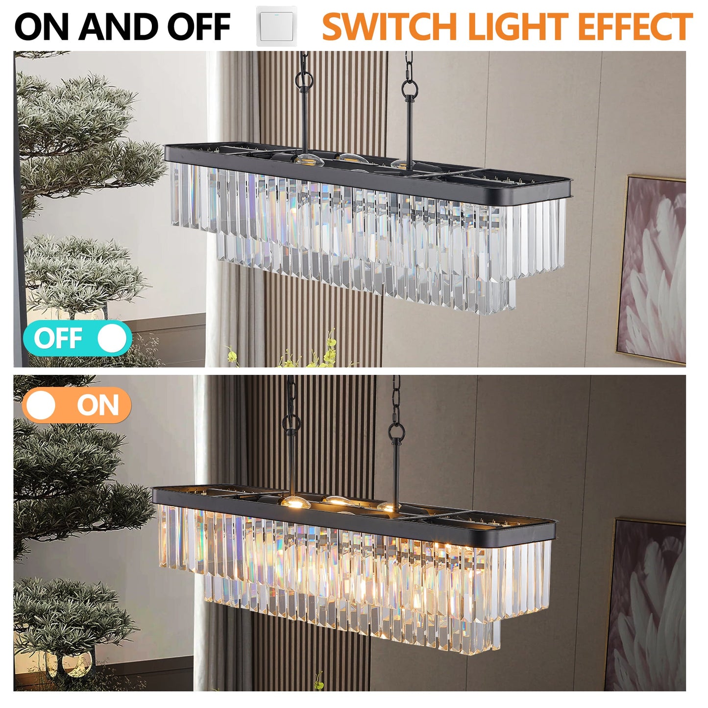 Chandeliers,Rectangular Crystal Chandelier Adjustable,E12 Modern Industrial Crystal Lights (Bulb Not Included) - Korvel