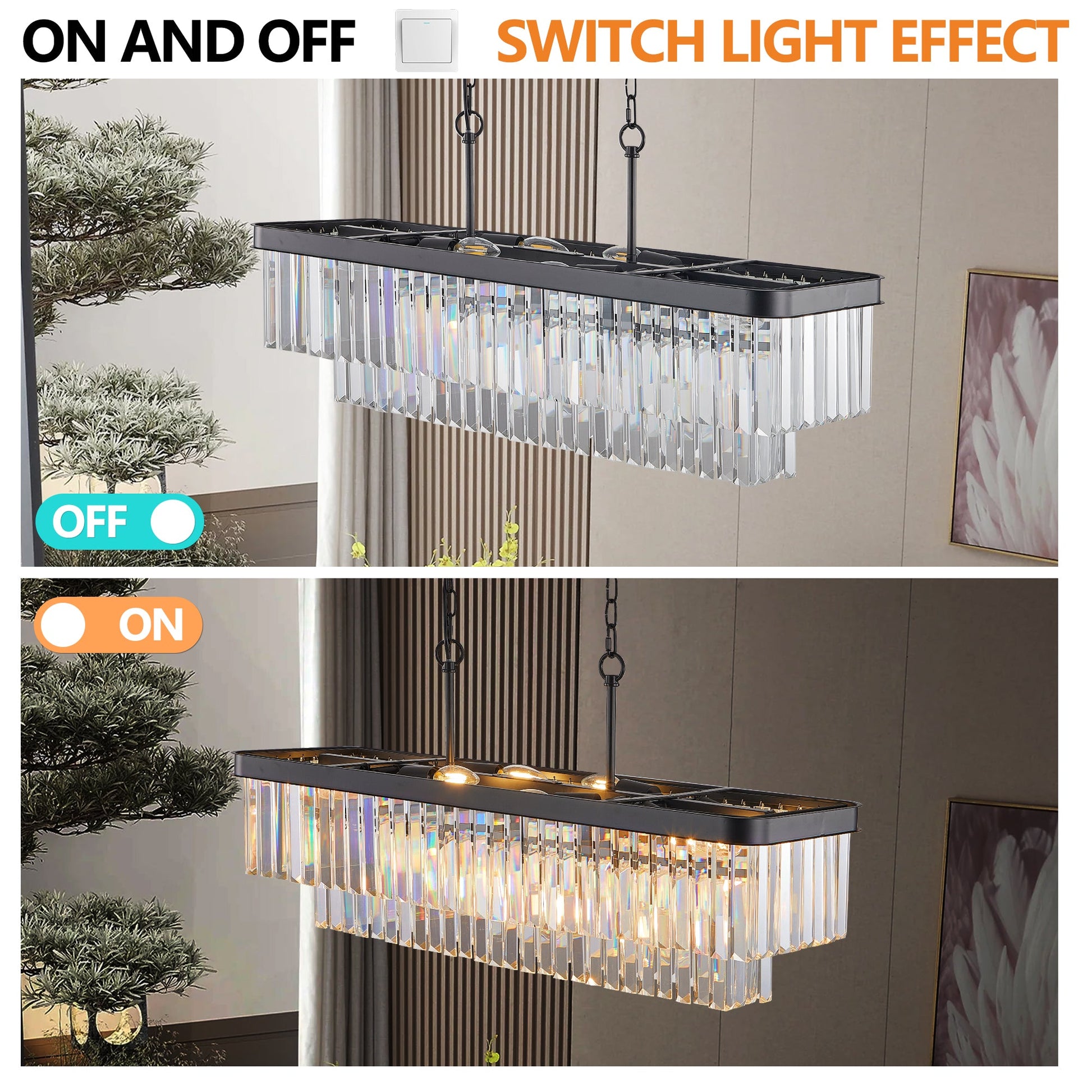 Chandeliers,Rectangular Crystal Chandelier Adjustable,E12 Modern Industrial Crystal Lights (Bulb Not Included) - Korvel