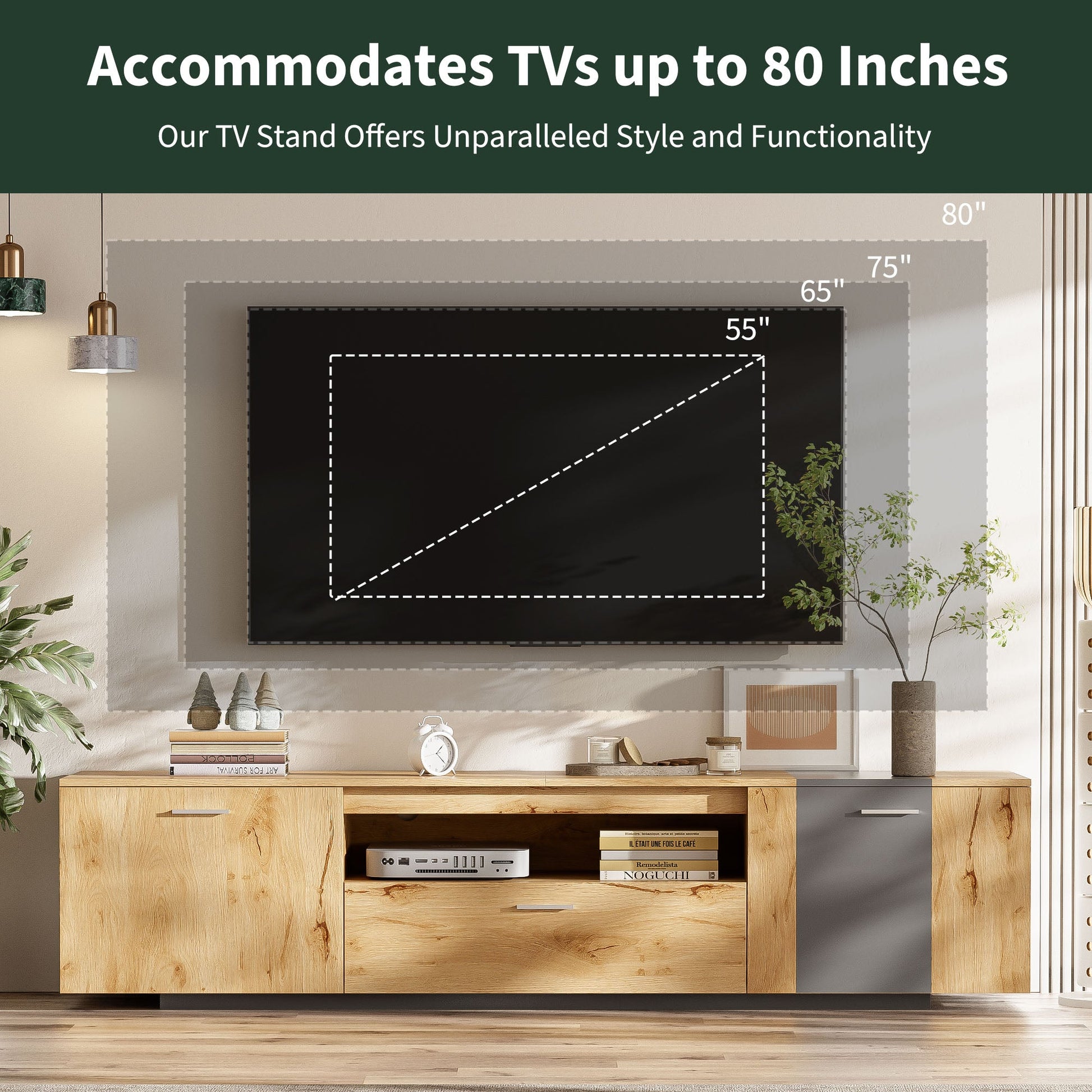 70 inch modern TV stand with 3 cabinets and drawers, entertainment center can accommodate TVs under 80 inches - Korvel