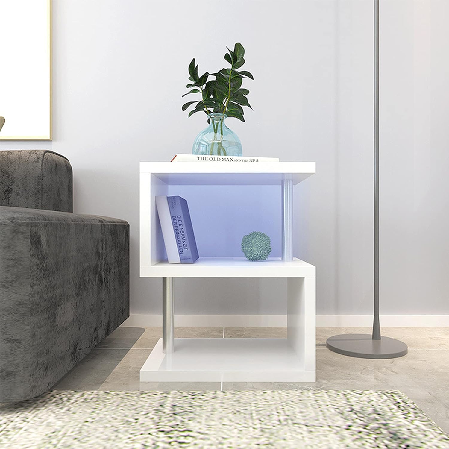 3-layer S-shaped coffee table, high gloss side table with open storage rack and USB power supply, white LED coffee table - Korvel