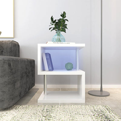3-layer S-shaped coffee table, high gloss side table with open storage rack and USB power supply, white LED coffee table - Korvel