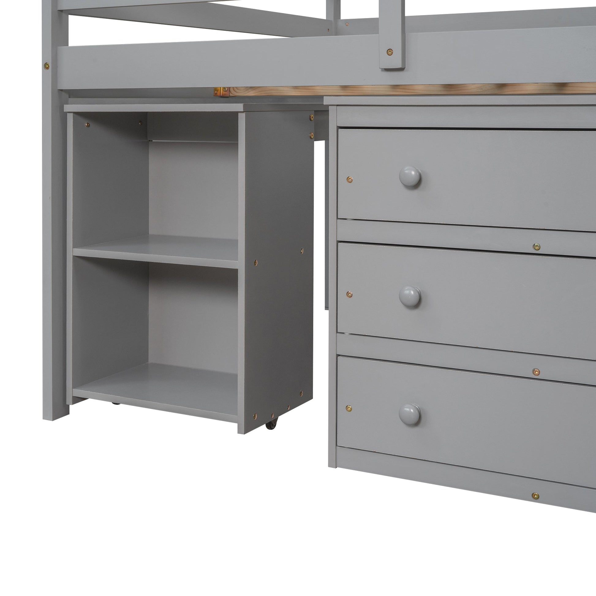Low Study Full Loft Bed with Cabinet Shelves and Rolling Portable Desk Multiple Functions Bed- Gray - Korvel