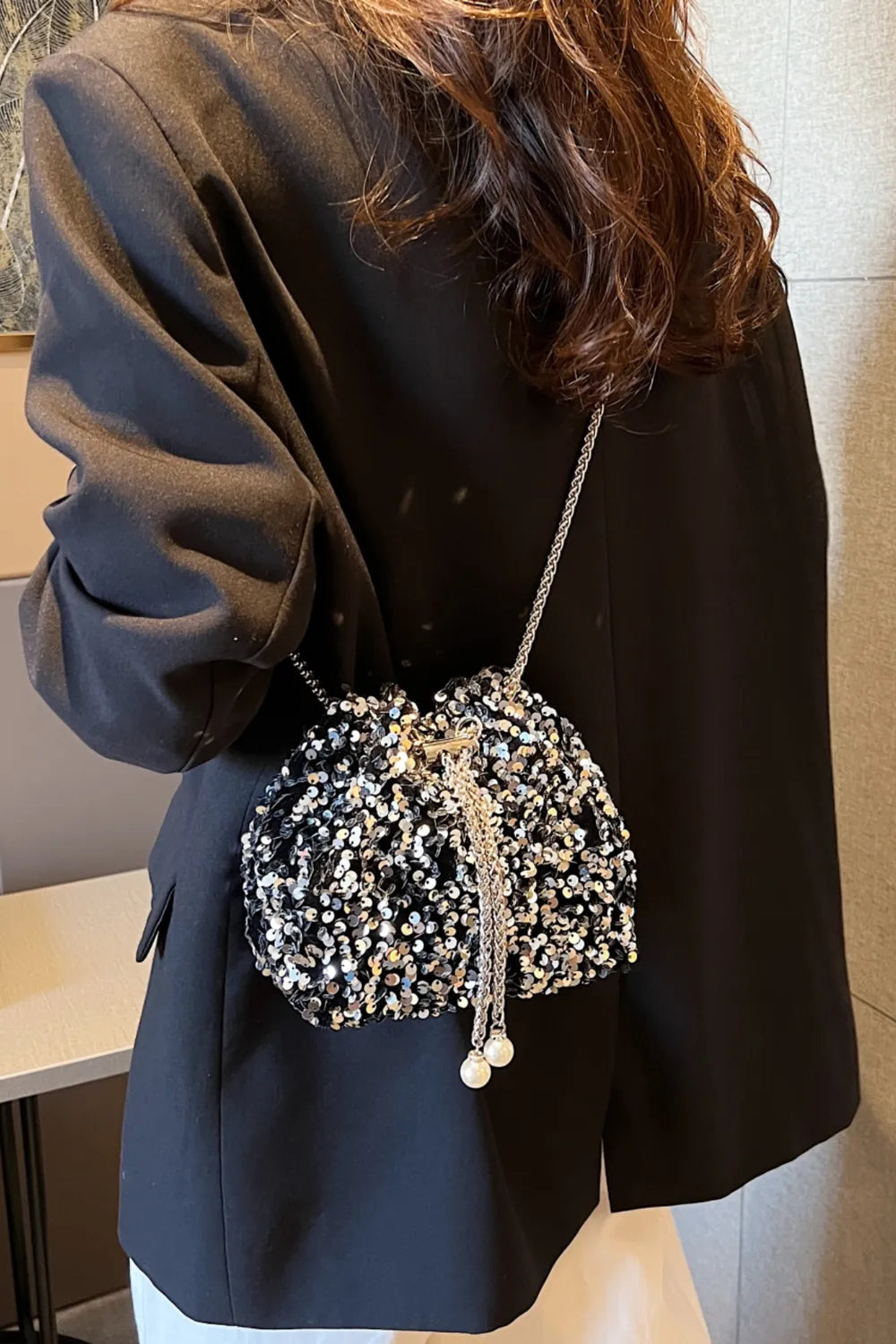Sequin Chain Drawstring Bucket Bag - Korvel