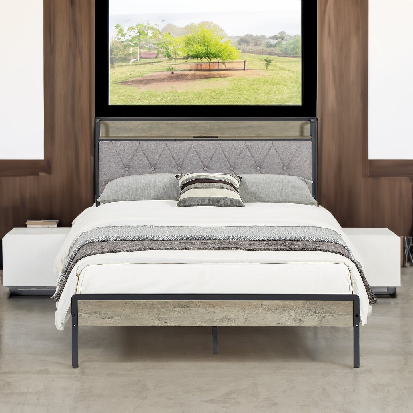 Premium Grey Full Size Bed Frame with Charging Station