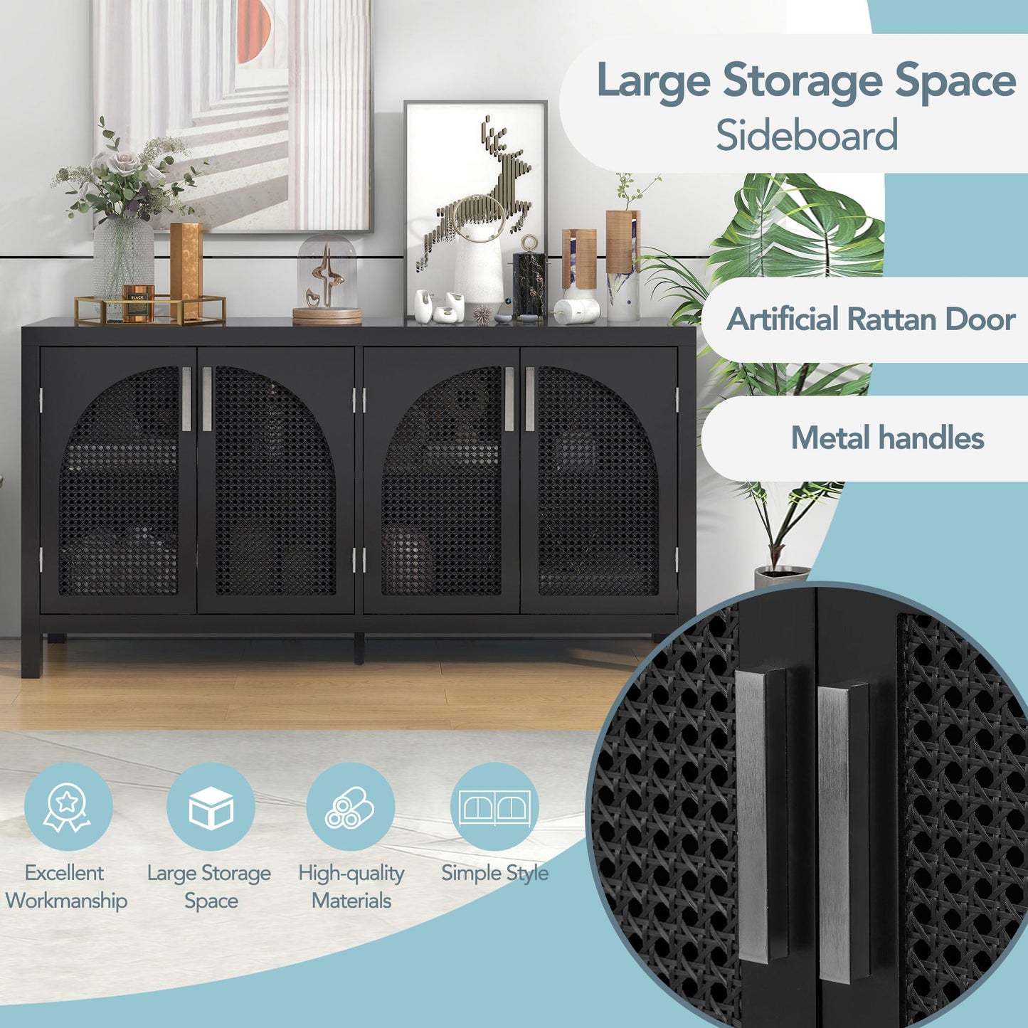 TREXM Large Storage Space Sideboard with Artificial Rattan Door and Metal Handles for Living Room and Entryway (Black) - Korvel