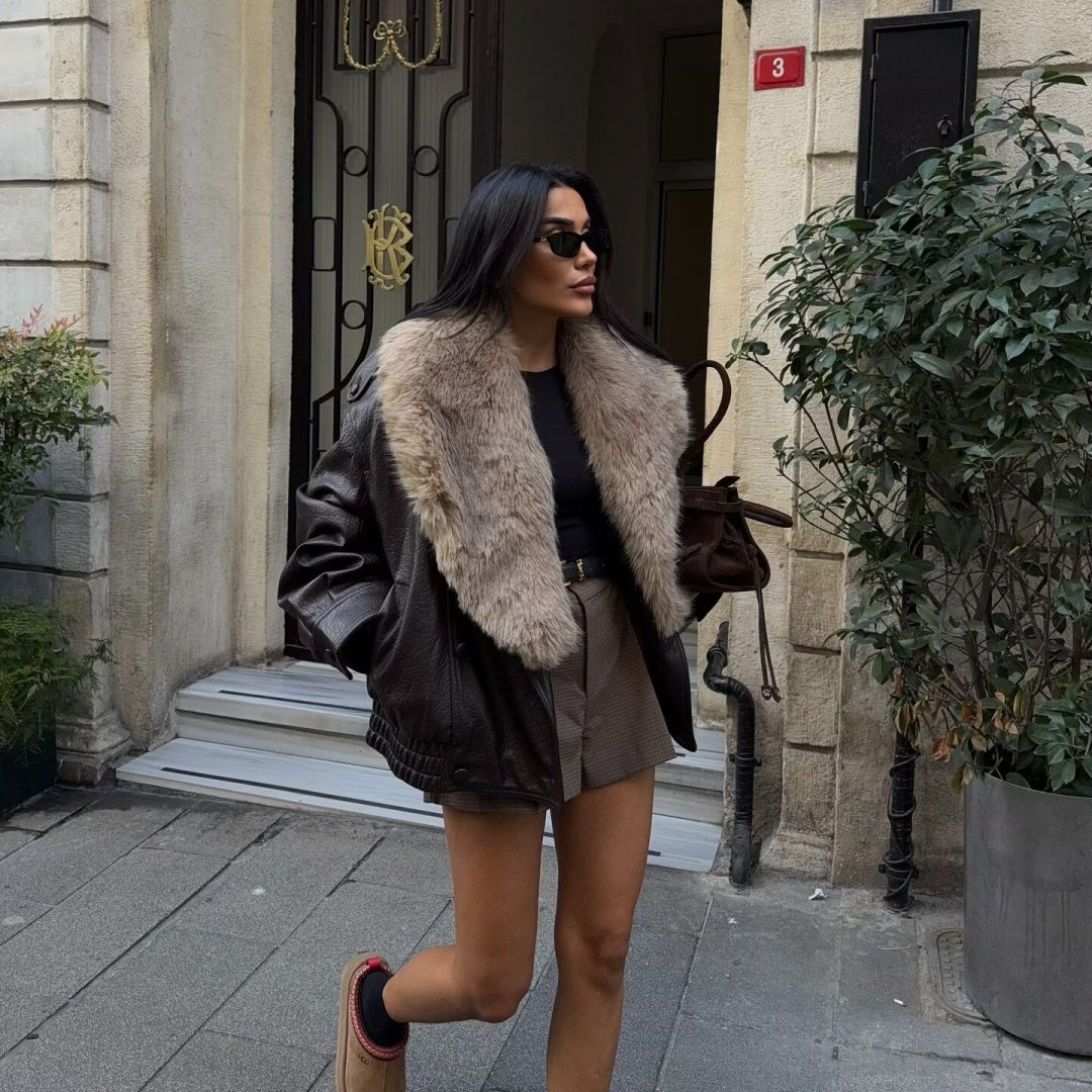 Women's Elegant Faux Fur-Trimmed Leather Jacket