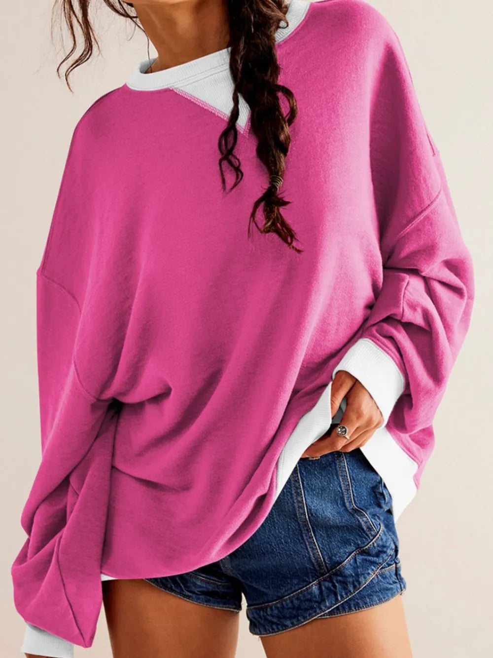 Contrast Dropped Shoulder Long Sleeve Sweatshirt - Korvel