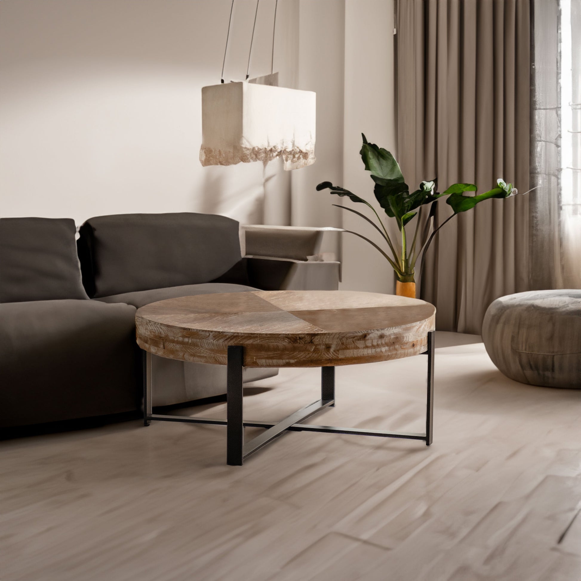 31.29"Modern Retro Splicing Round Coffee Table  Fir Wood Table Top with Cross Legs Metal Base(Same SKU:W757123560) - Korvel