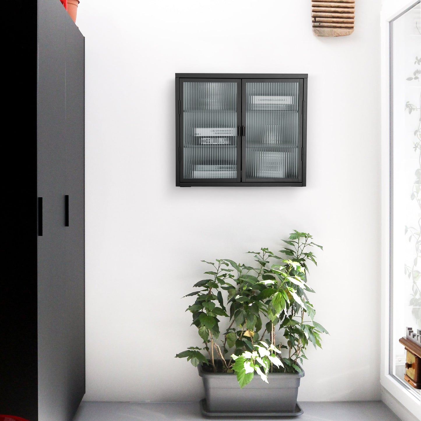 Retro Style Haze Double Glass Door Wall Cabinet With Detachable Shelves for Office Dining Room Living Room - Korvel
