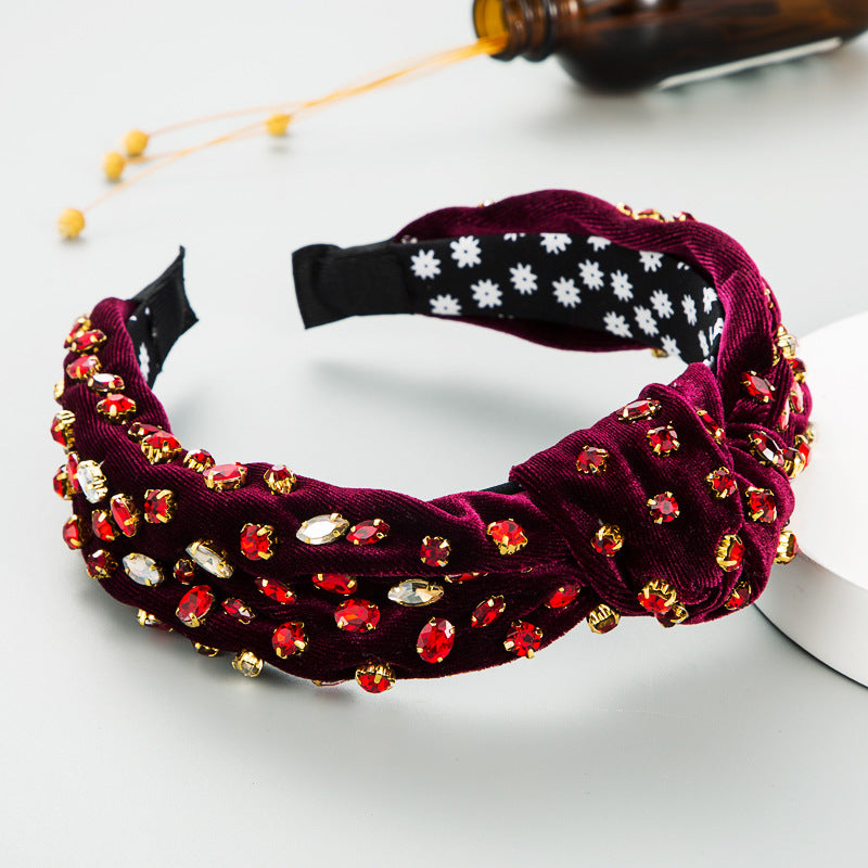 Exaggerated Fashion Hair Bands Female Corduroy Temperament Sweet Hair Ornaments Wide Side Knotted With Diamonds Headband - Korvel
