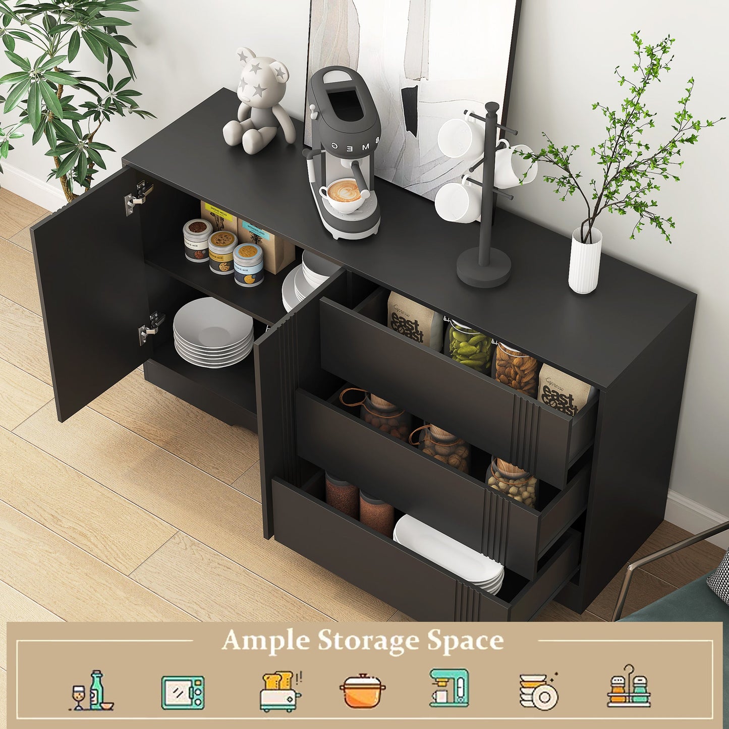 Modern kitchen buffet lockers with storage space, drawers and doors, and a large coffee bar with adjustable kitchen shelves - Korvel
