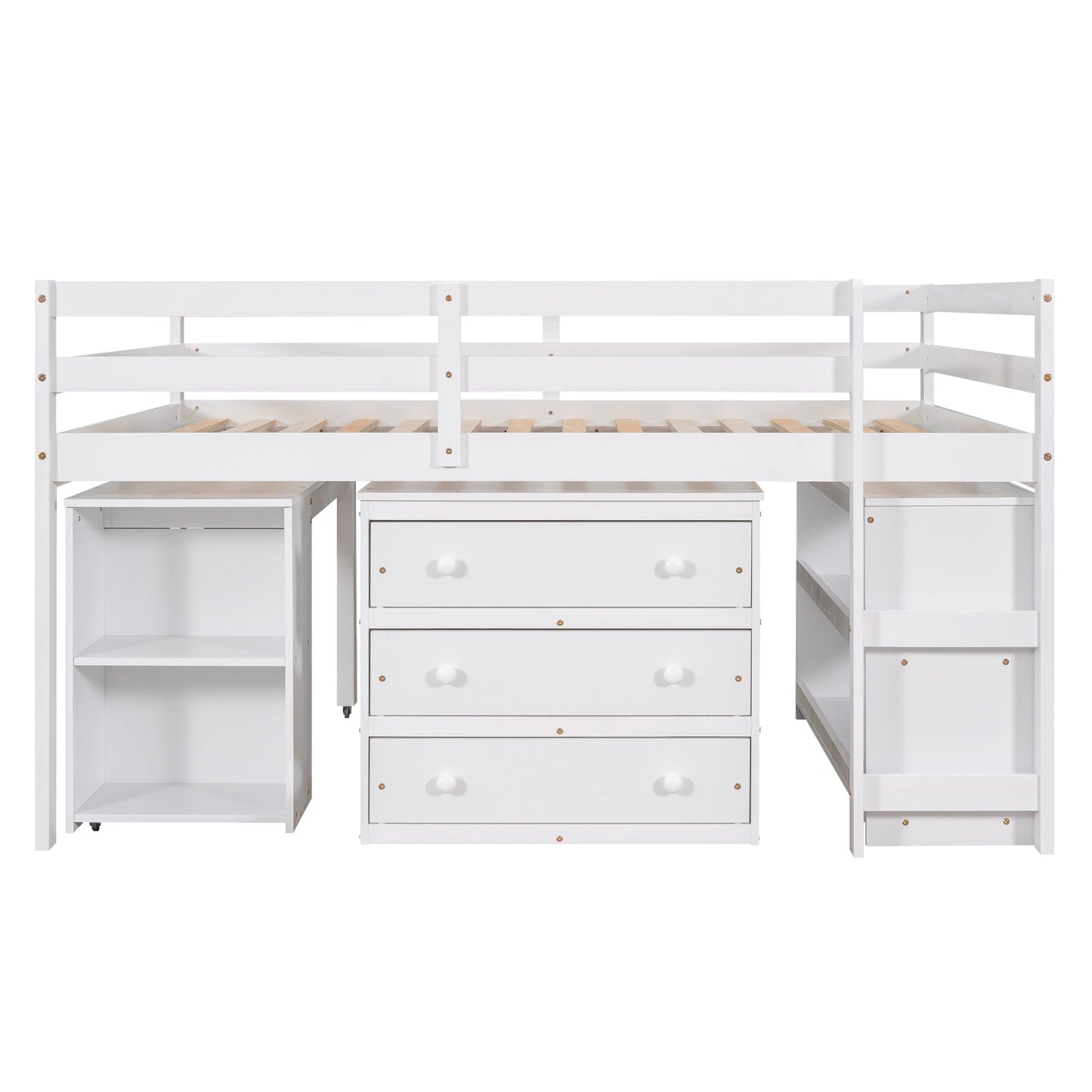 Low Study Full Loft Bed with Cabinet Shelves and Rolling Portable Desk Multiple Functions Bed- White - Korvel