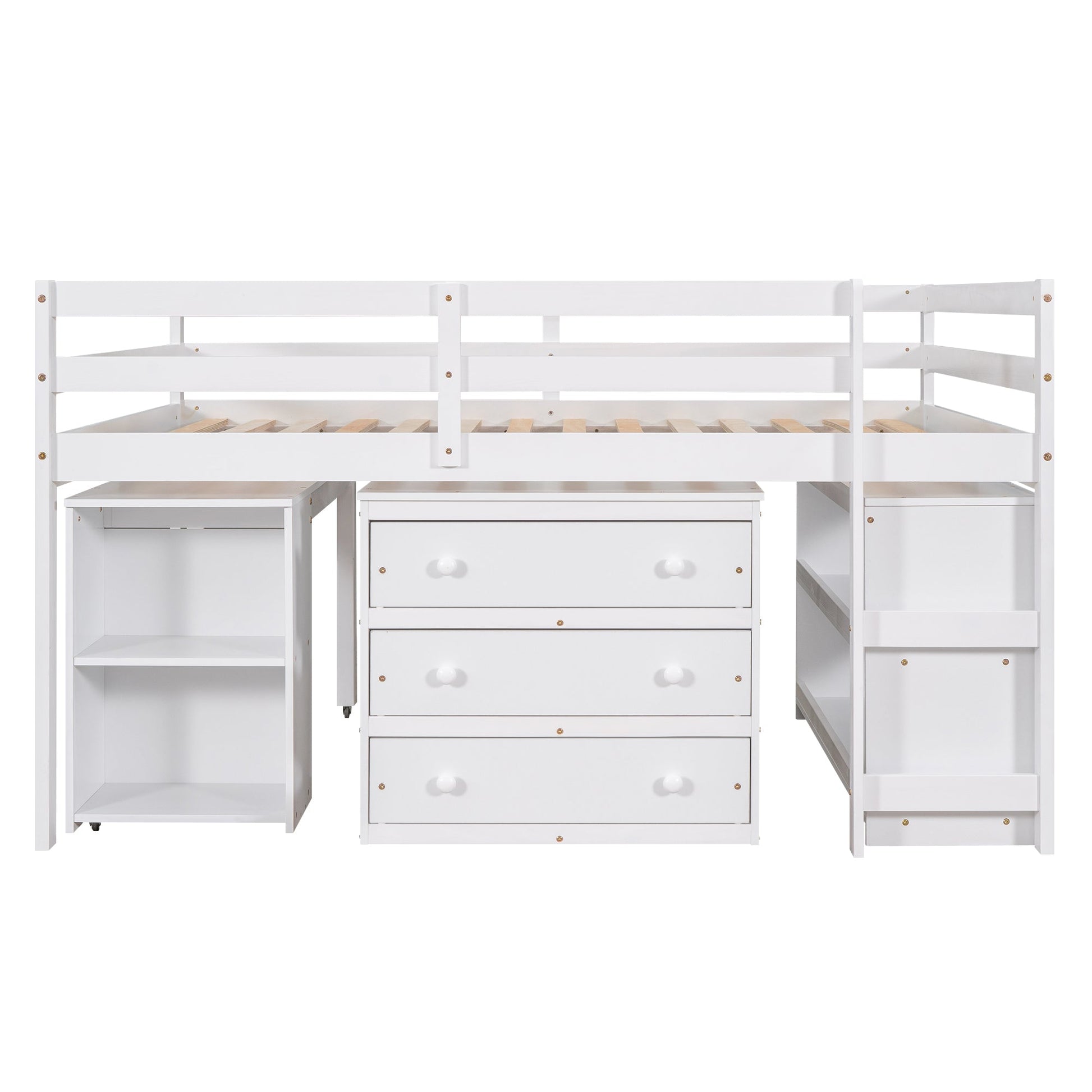 Low Study Full Loft Bed with Cabinet Shelves and Rolling Portable Desk Multiple Functions Bed- White - Korvel