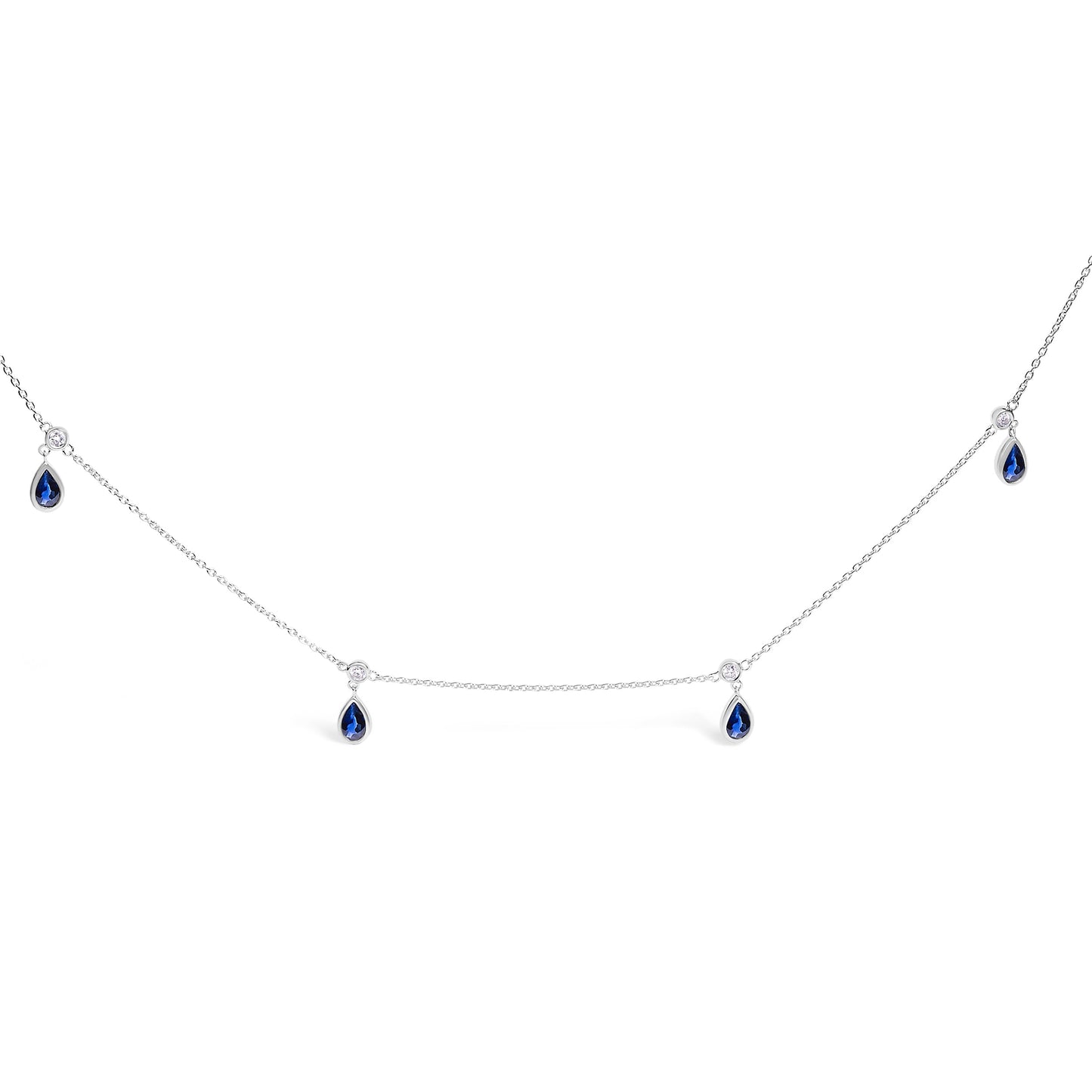 10K White Gold Blue Sapphire & Diamond Station Necklace - 18"