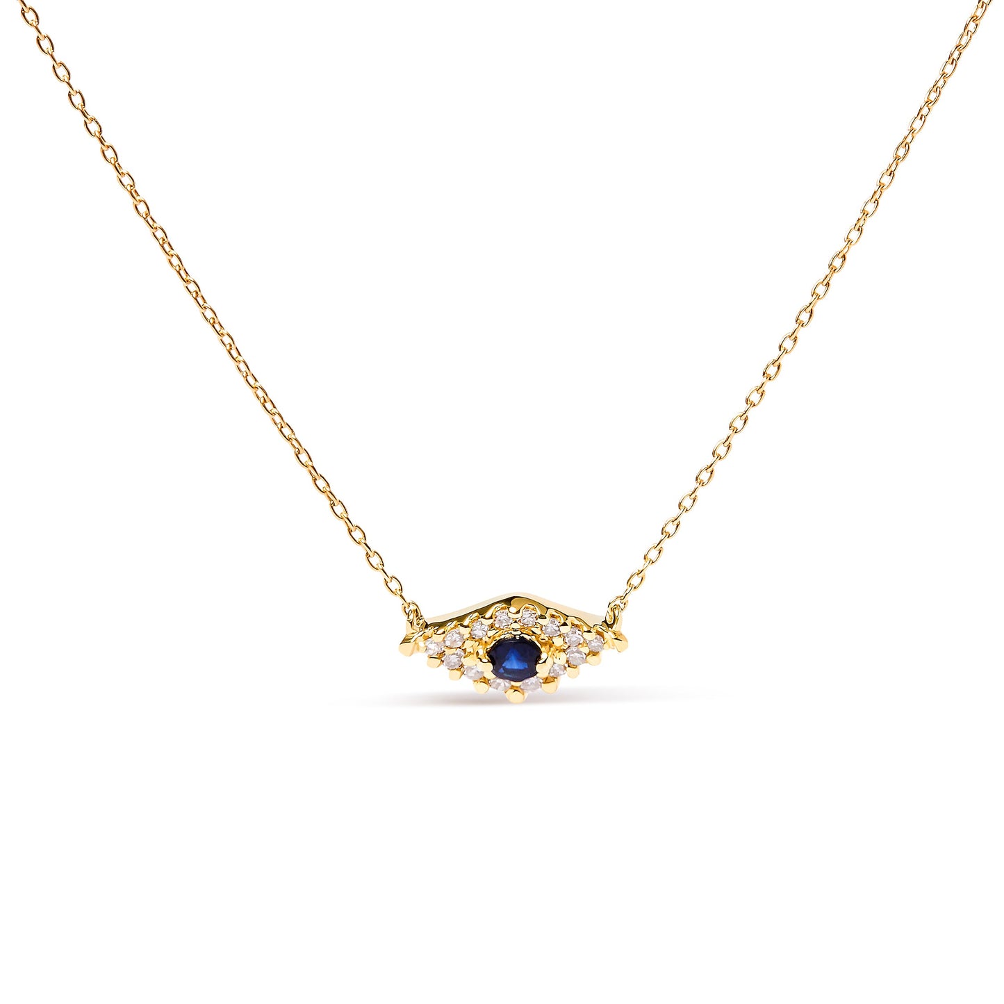 Collar con colgante de ojo malvado de zafiro azul y diamantes en oro amarillo de 10 quilates