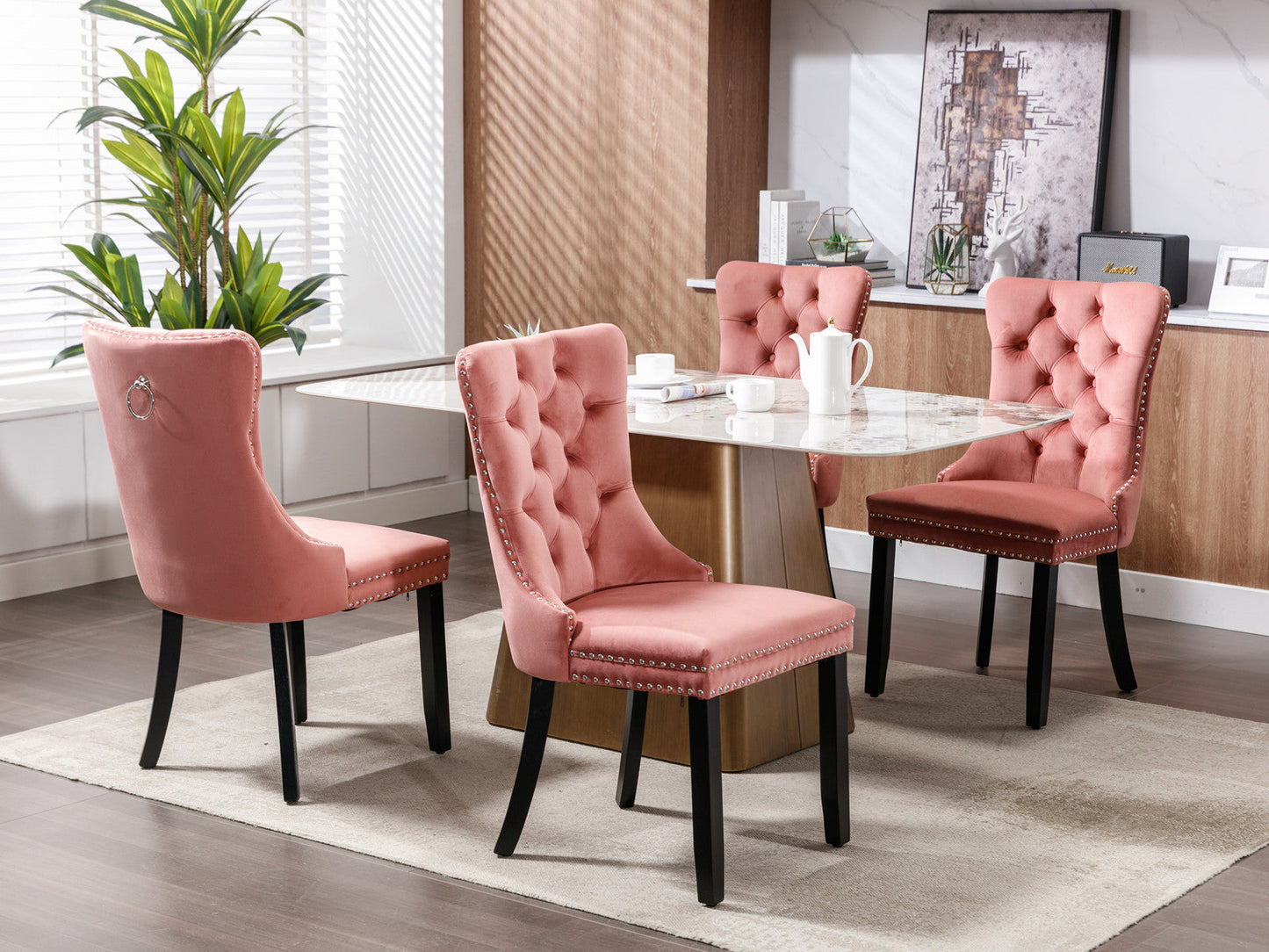 High-end Tufted Solid Wood Contemporary Velvet Upholstered Dining Chair with Wood Legs Nailhead Trim 2-Pcs Set Pink - Korvel