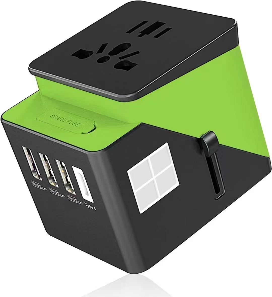 2019 , 3 USB + 1 Typc C International Power Adapter for Europe, UK, China, Australia, Japan and More 200 Countries Black Green - Korvel