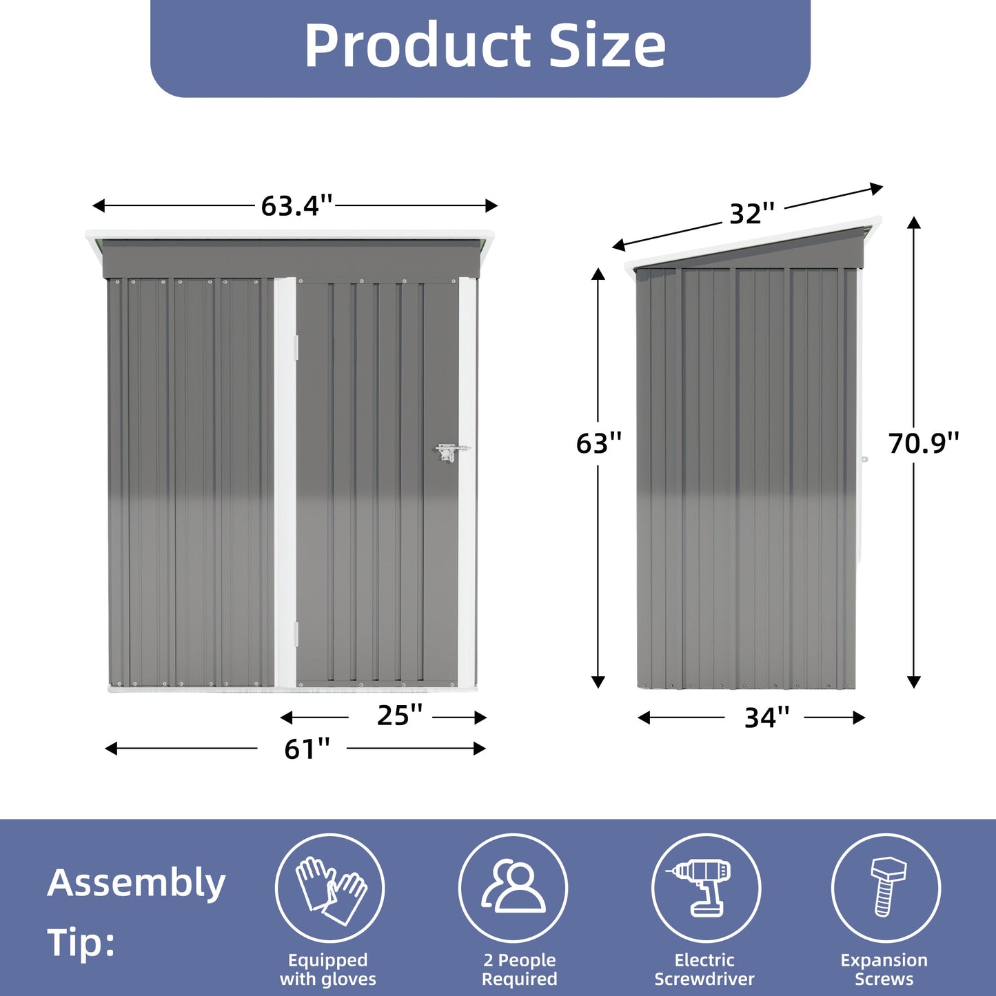 5 * 3FT outdoor storage shed, tool shed with sloping roof and lockable door, backyard garden metal shed, courtyard lawn, gray - Korvel