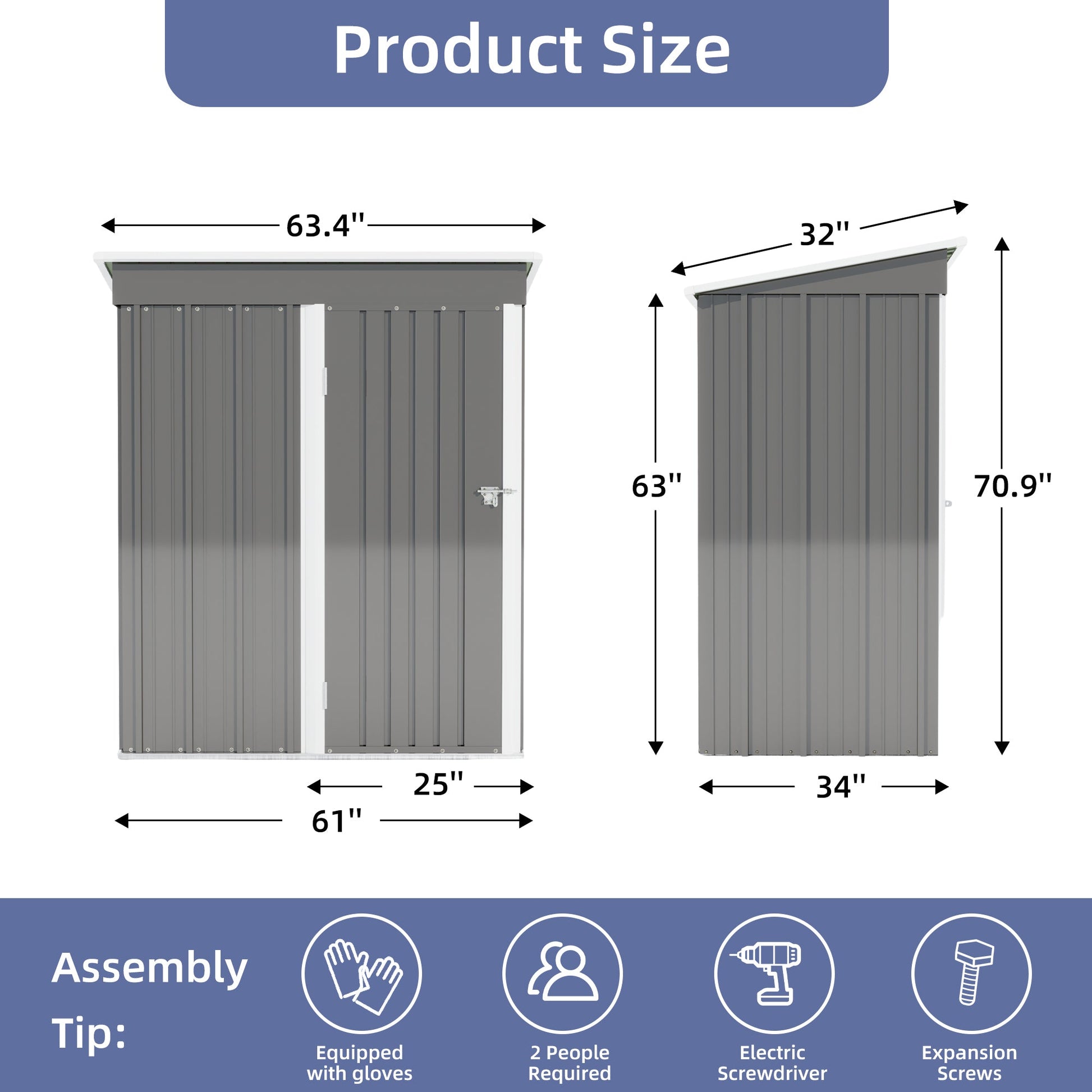 5 * 3FT outdoor storage shed, tool shed with sloping roof and lockable door, backyard garden metal shed, courtyard lawn, gray - Korvel