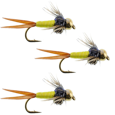 3 Pack Hot Yellow Copper John Nymphs - Premium Fly Fishing Flies - Size 12 - Korvel