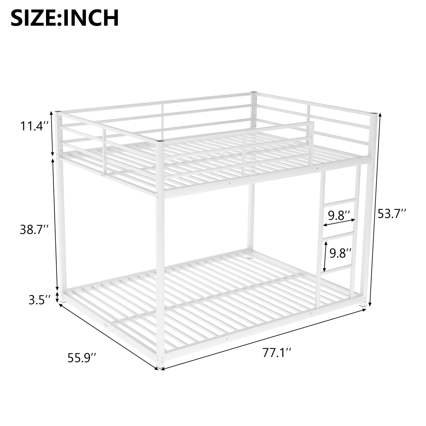 Full over Full Metal Bunk Bed, Low Bunk Bed with Ladder White - Korvel