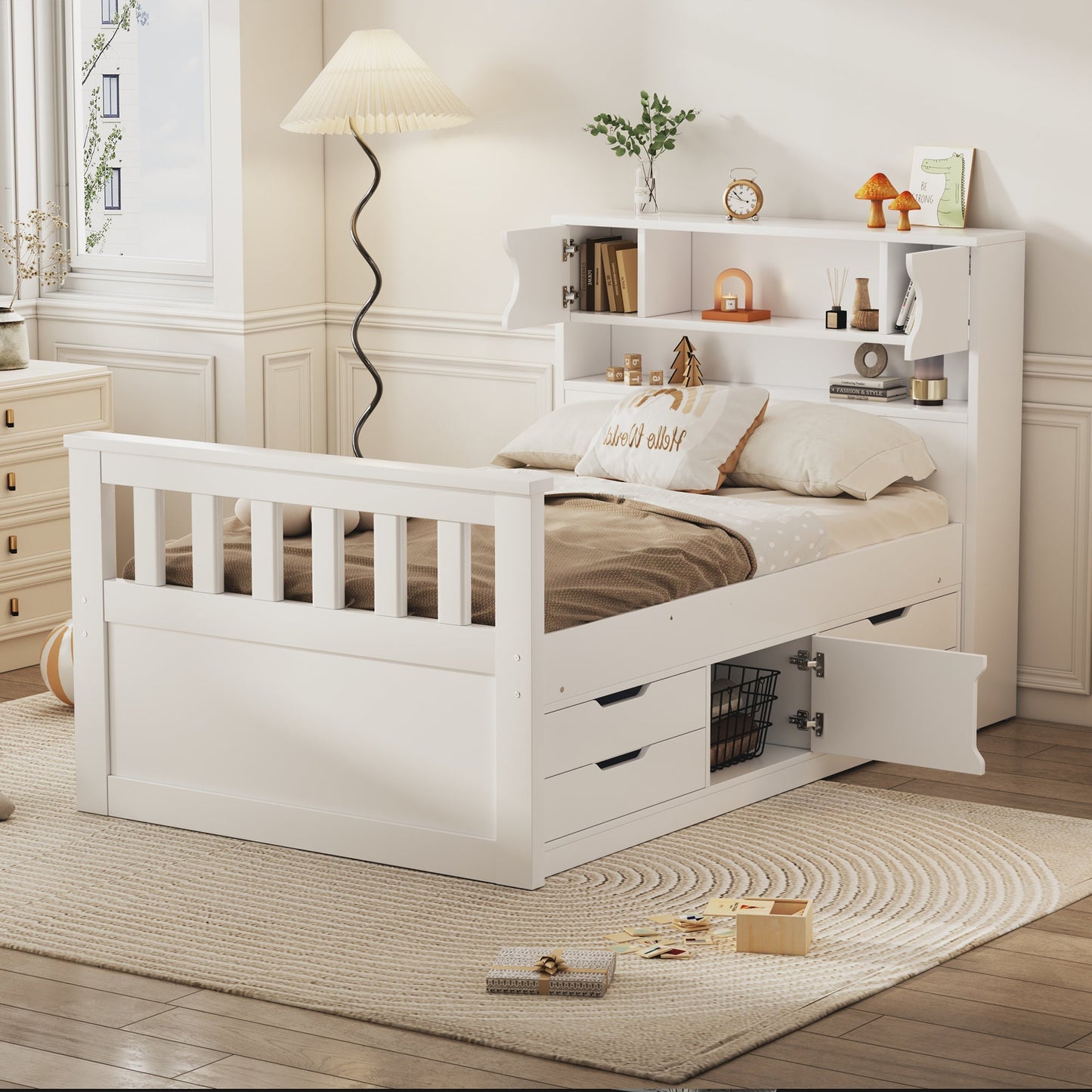 Cama plataforma tamaño twin Captain con almacenamiento en blanco