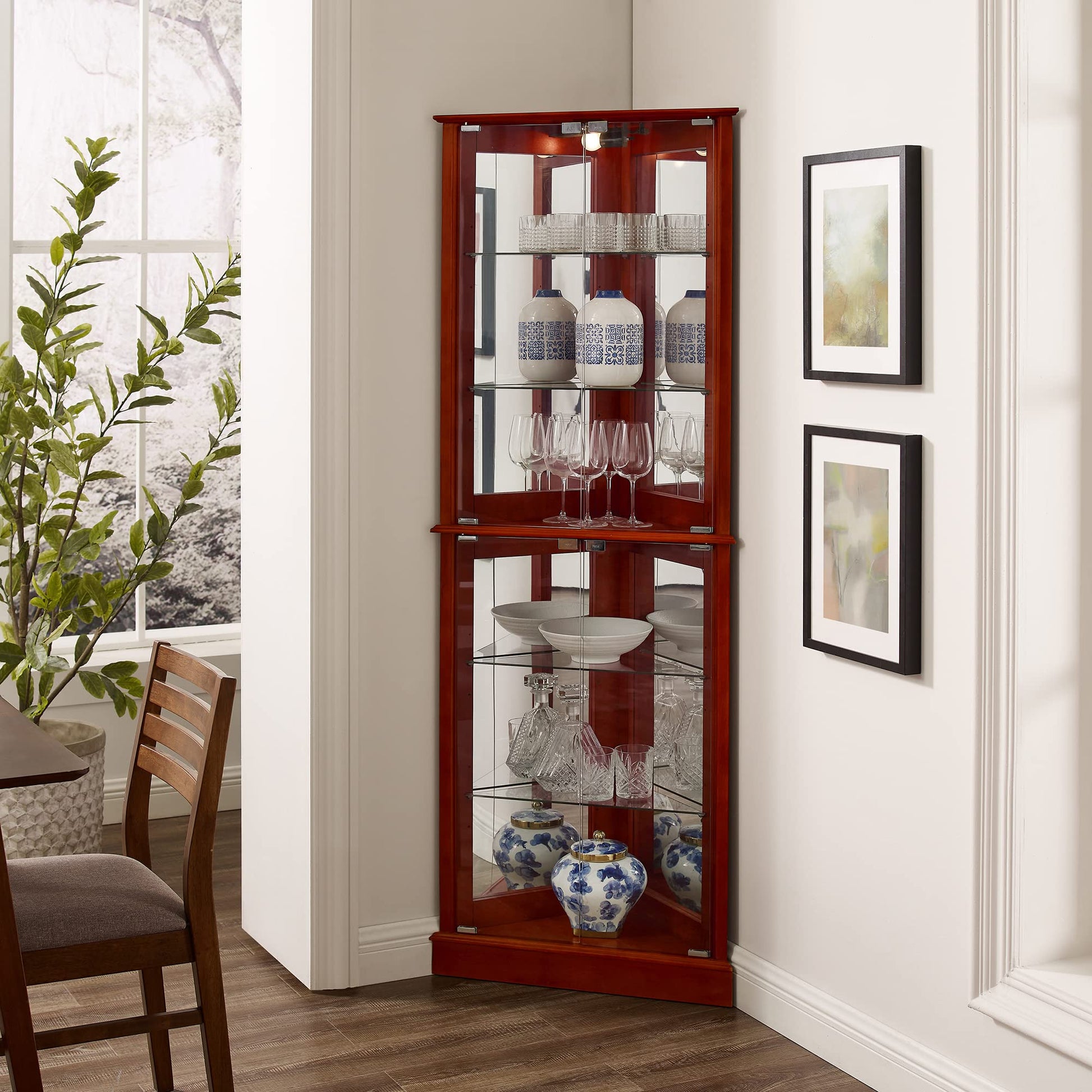 Corner Curio Dispaly Cabinet with Lights, Adjustable Tempered Glass Shelves, Mirrored Back,Cherry(E26 light bulb not included) - Korvel