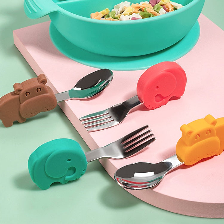 Baby Gadgets Tableware Set Children Utensil Stainless Steel Toddler Dinnerware Cutlery Cartoon Infant Food Feeding Spoon Fork - Korvel