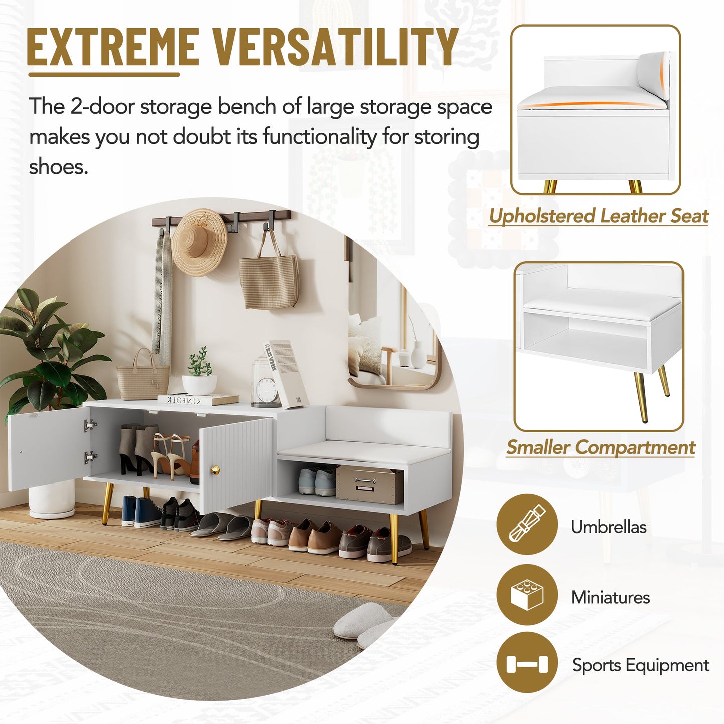 Banc de rangement pour chaussures blanc moderne avec rangement caché